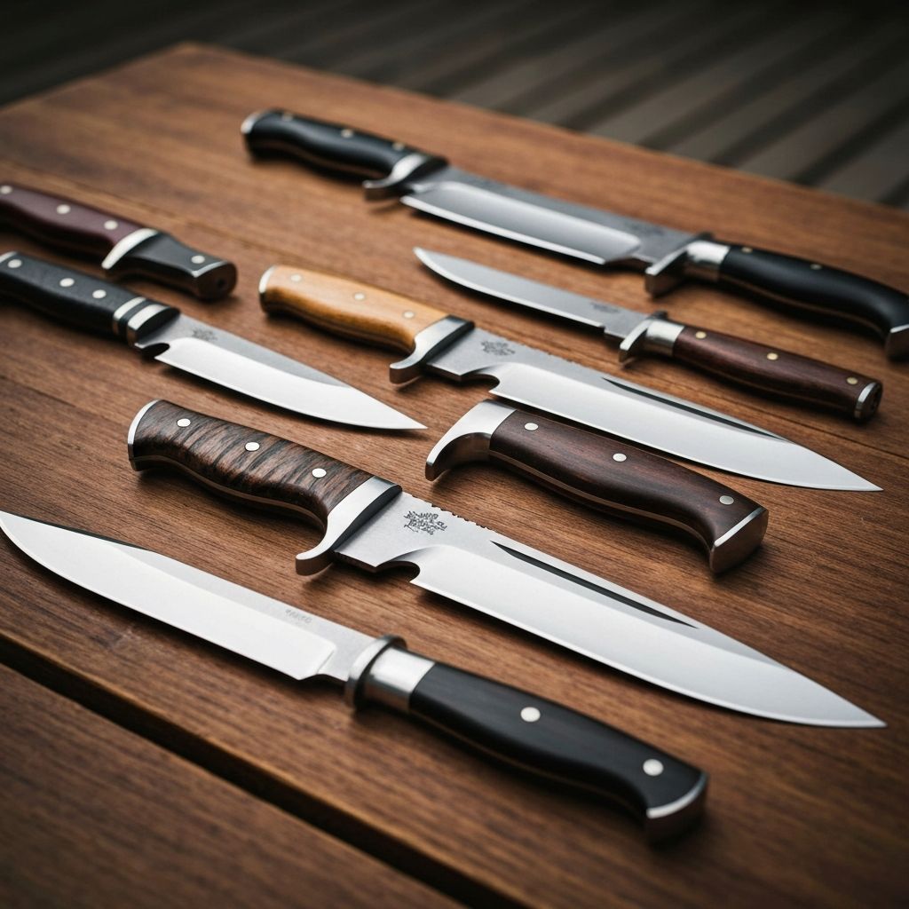 Timber Rattler Bowie knife collection on wooden display