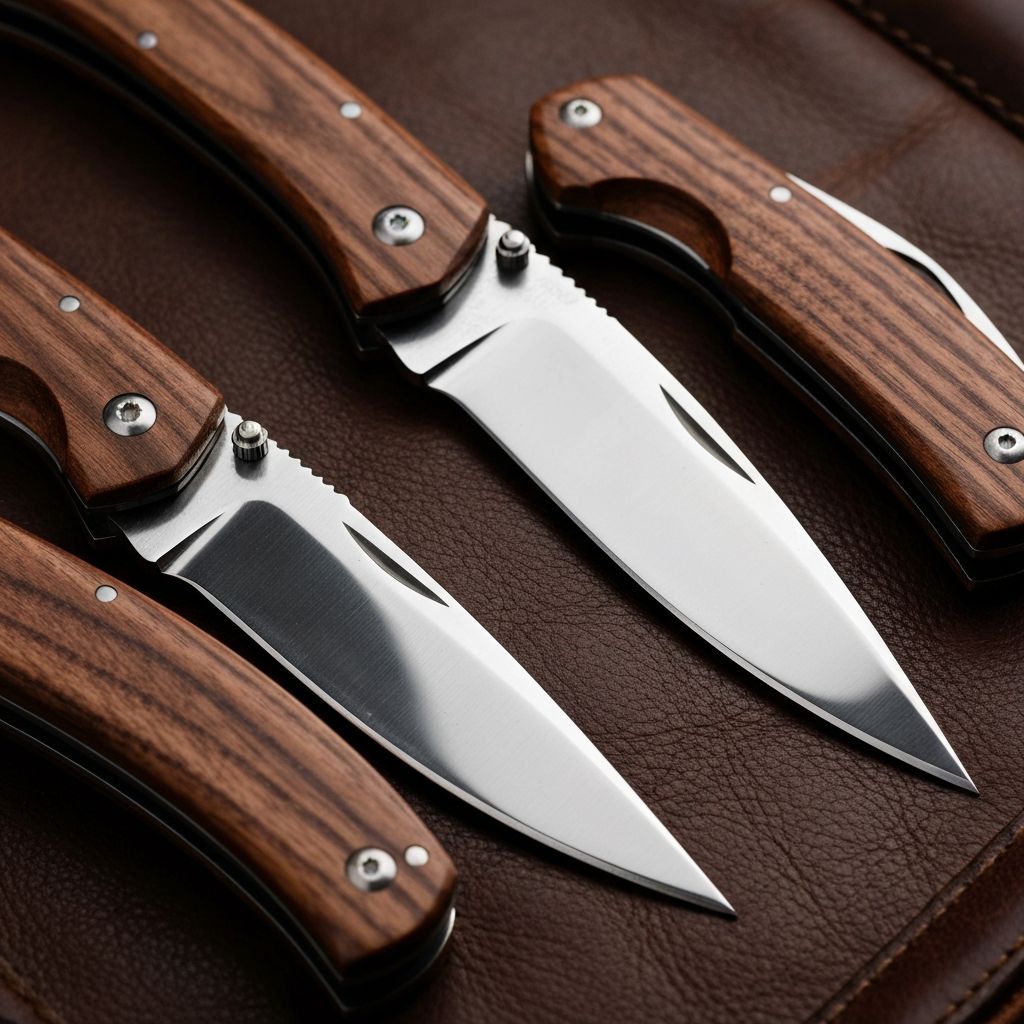 Timber Rattler pocket knives with wood handles on leather